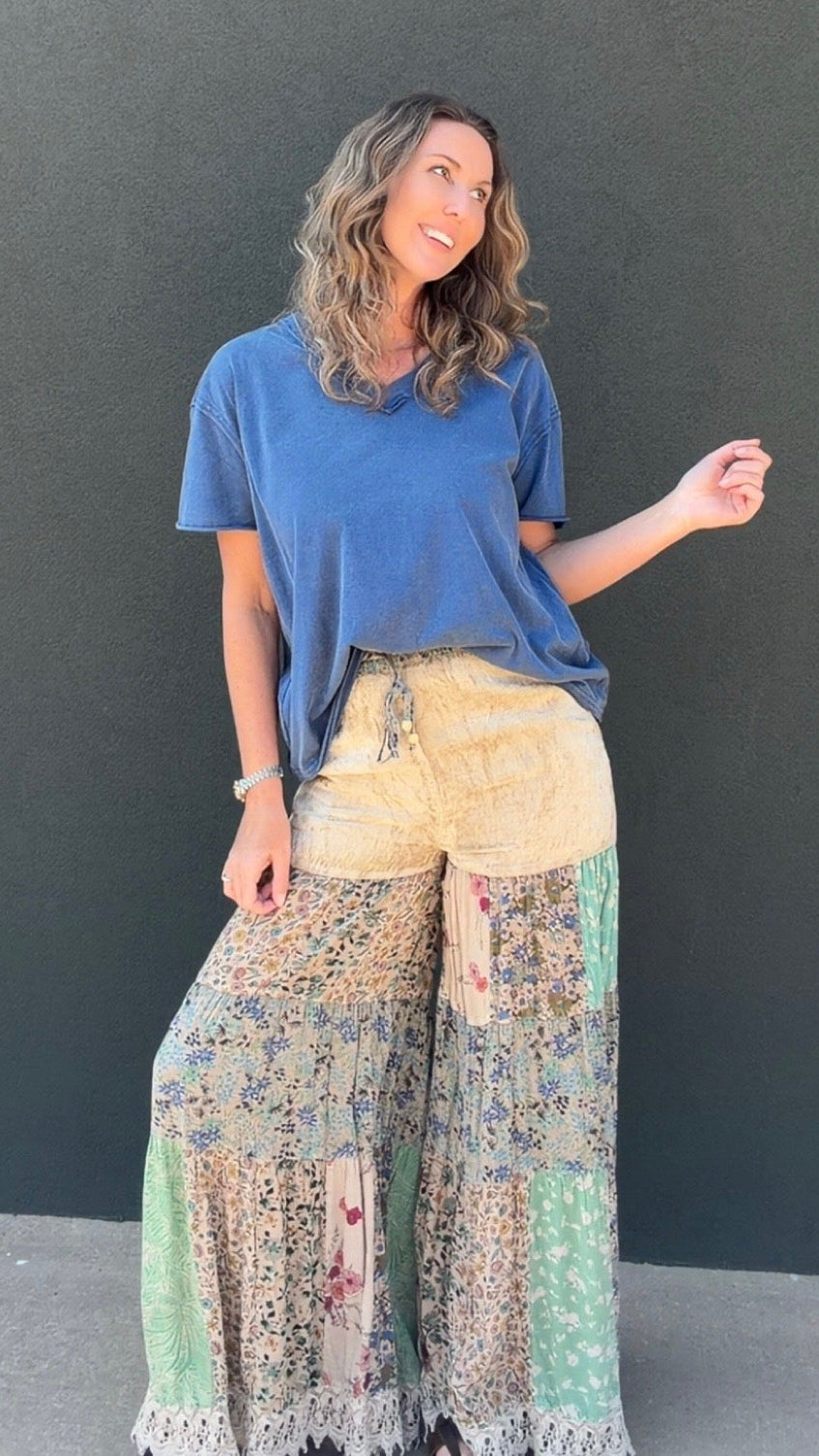 Boho Tiered Patchwork Flare Pant Velvet Drawstring Waist NEW