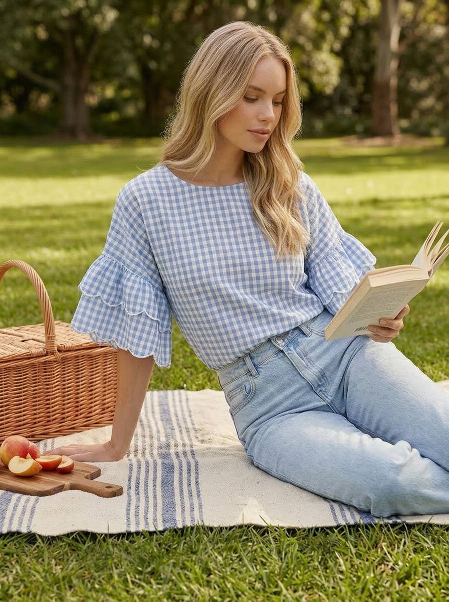 Charming Gingham Scallop Edge Wild Ruffle Cotton Top VT83548