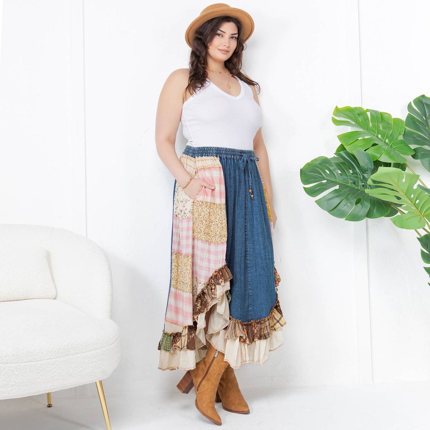 Western Boho Chic: Patchwork Midi Skirt