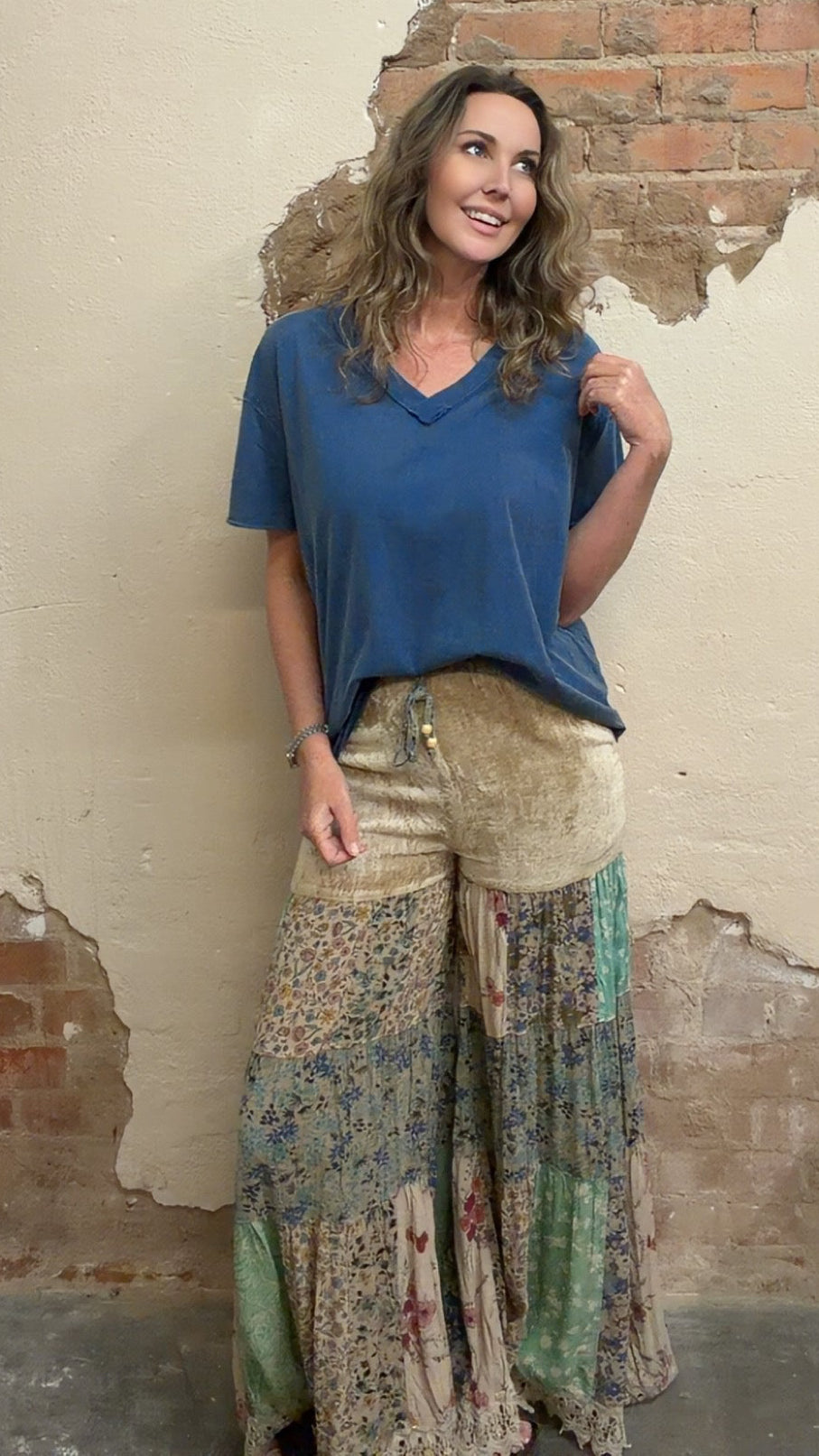Boho Tiered Patchwork Flare Pant Velvet Drawstring Waist NEW