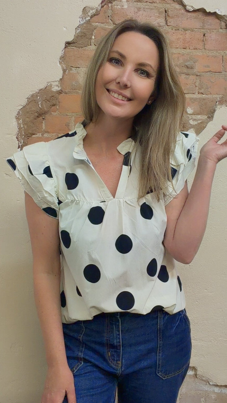 Polka Dot Print V Neck Ruffle Sleeve Blouse (S-XL)