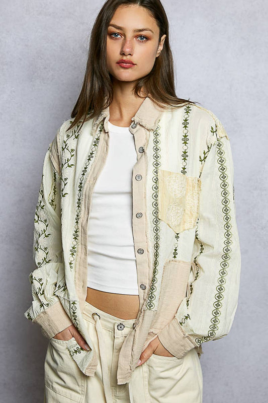 Long Sleeve Embroidered Woven Stripe Contrast Shirt Top