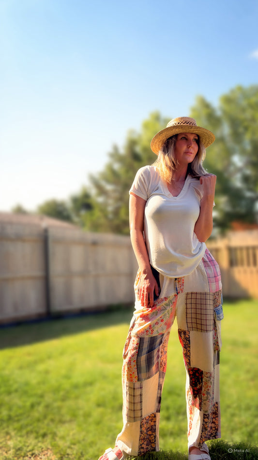 Bohemian Patchwork Straight Pant Plaid & Schiffli Embroidery