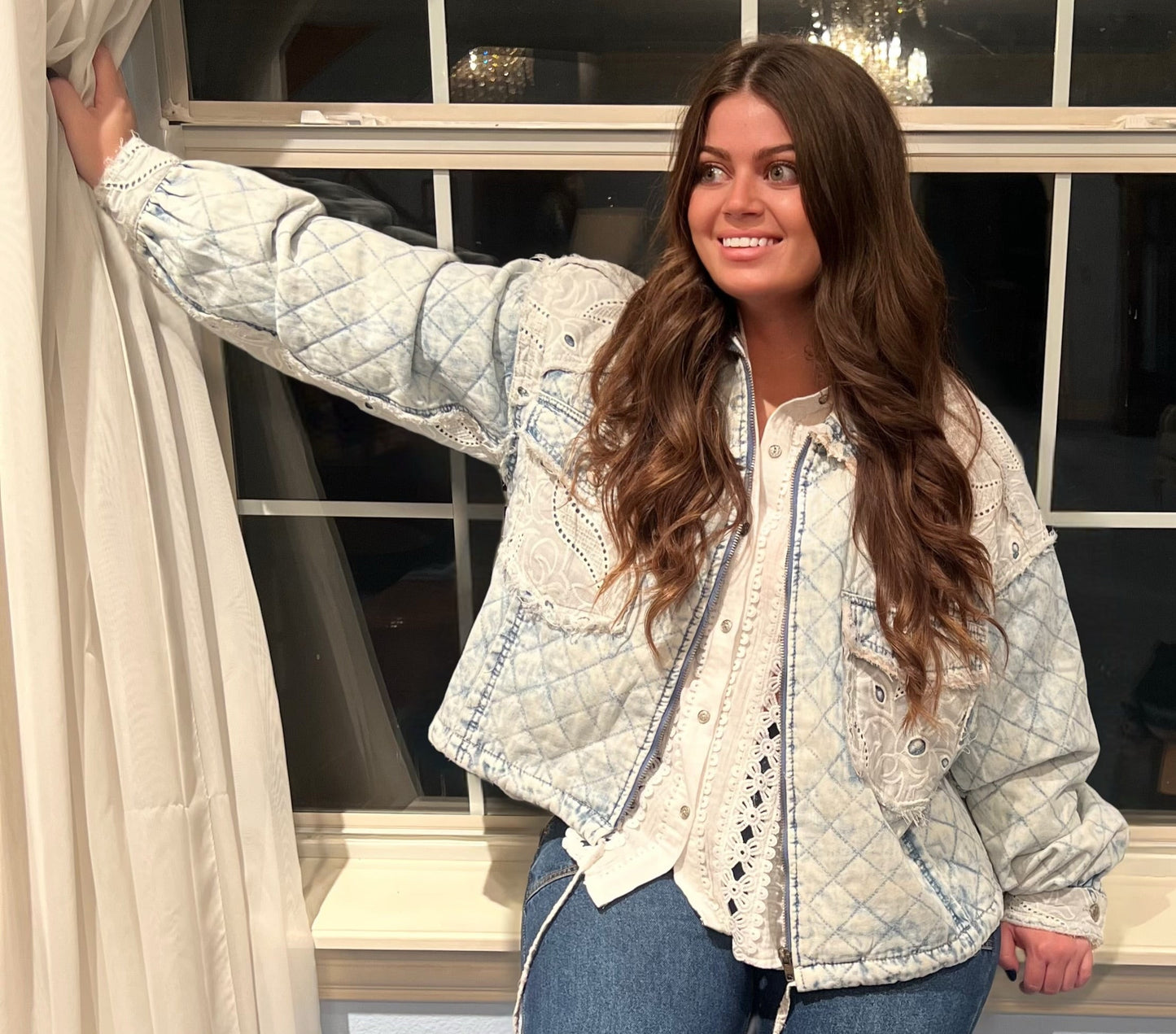 Vintage washing solid lace patch quilting woven jacket