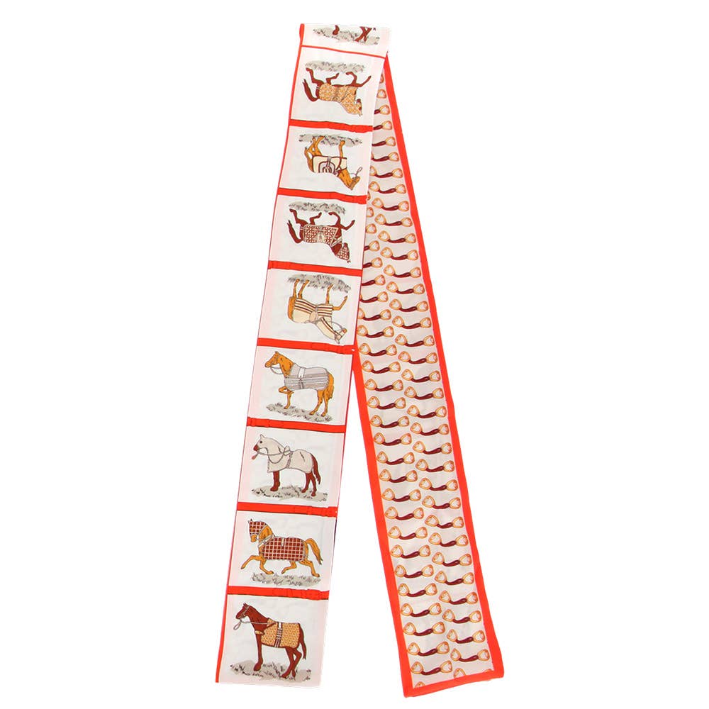 Equestrian-inspired Horse Frame Pattern Print Silk Feel Twilly Skinny Scarf
