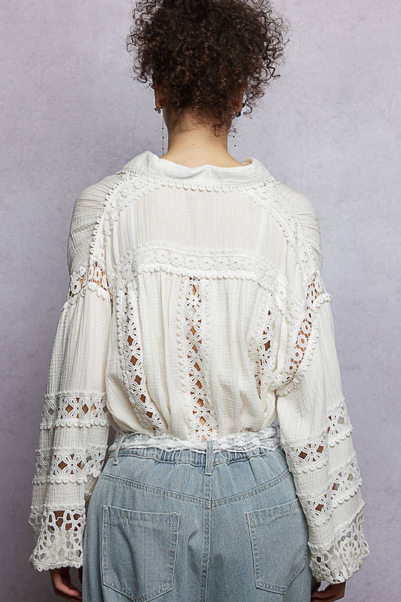 Collar neck balloon sleeve double gauze shirt top