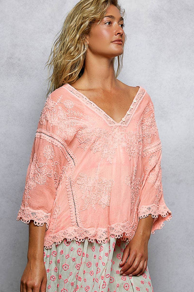 V-neck Short Sleeve Floral Embroidered Crochet Blouse Top