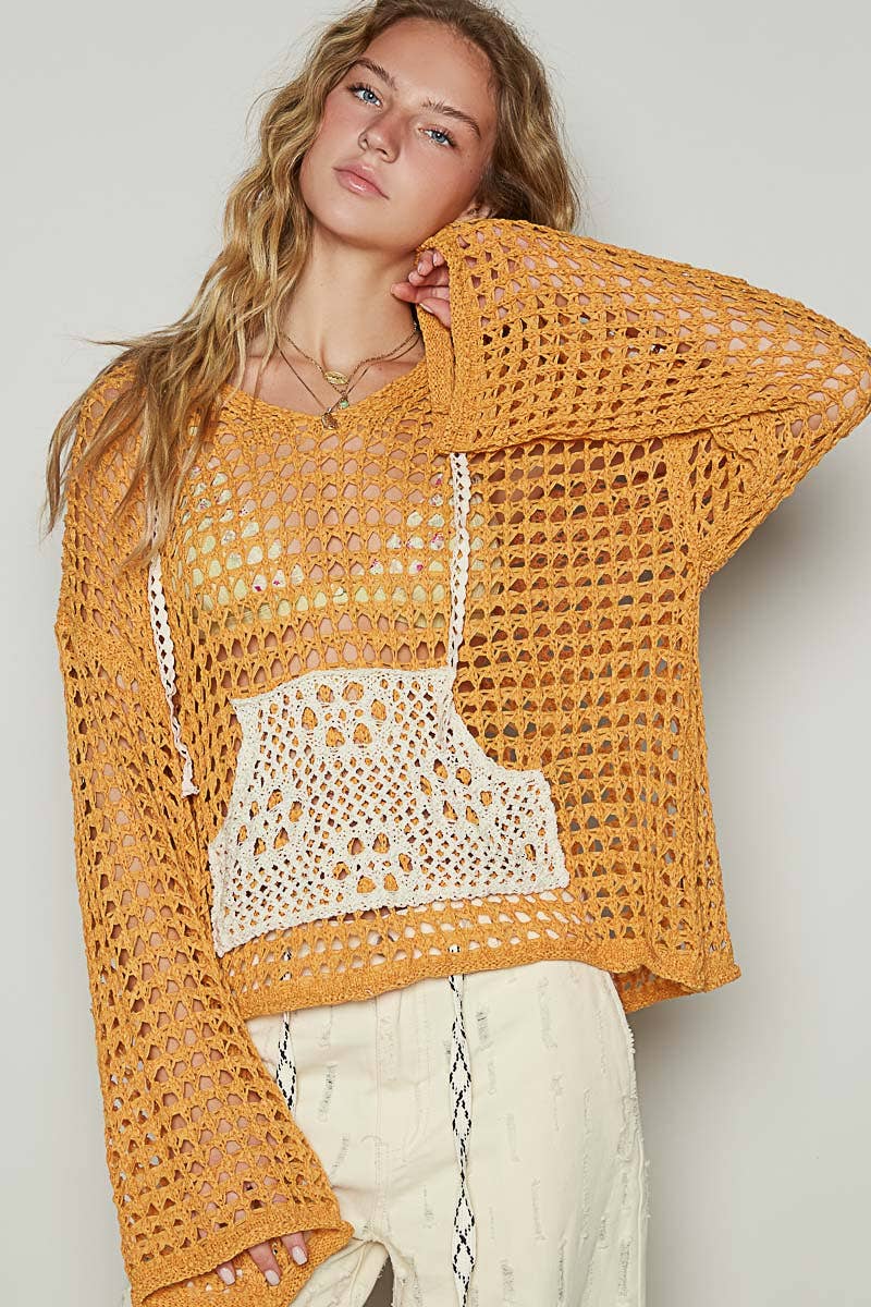 V-neck long sleeve crochet front pockets hoodie sweater