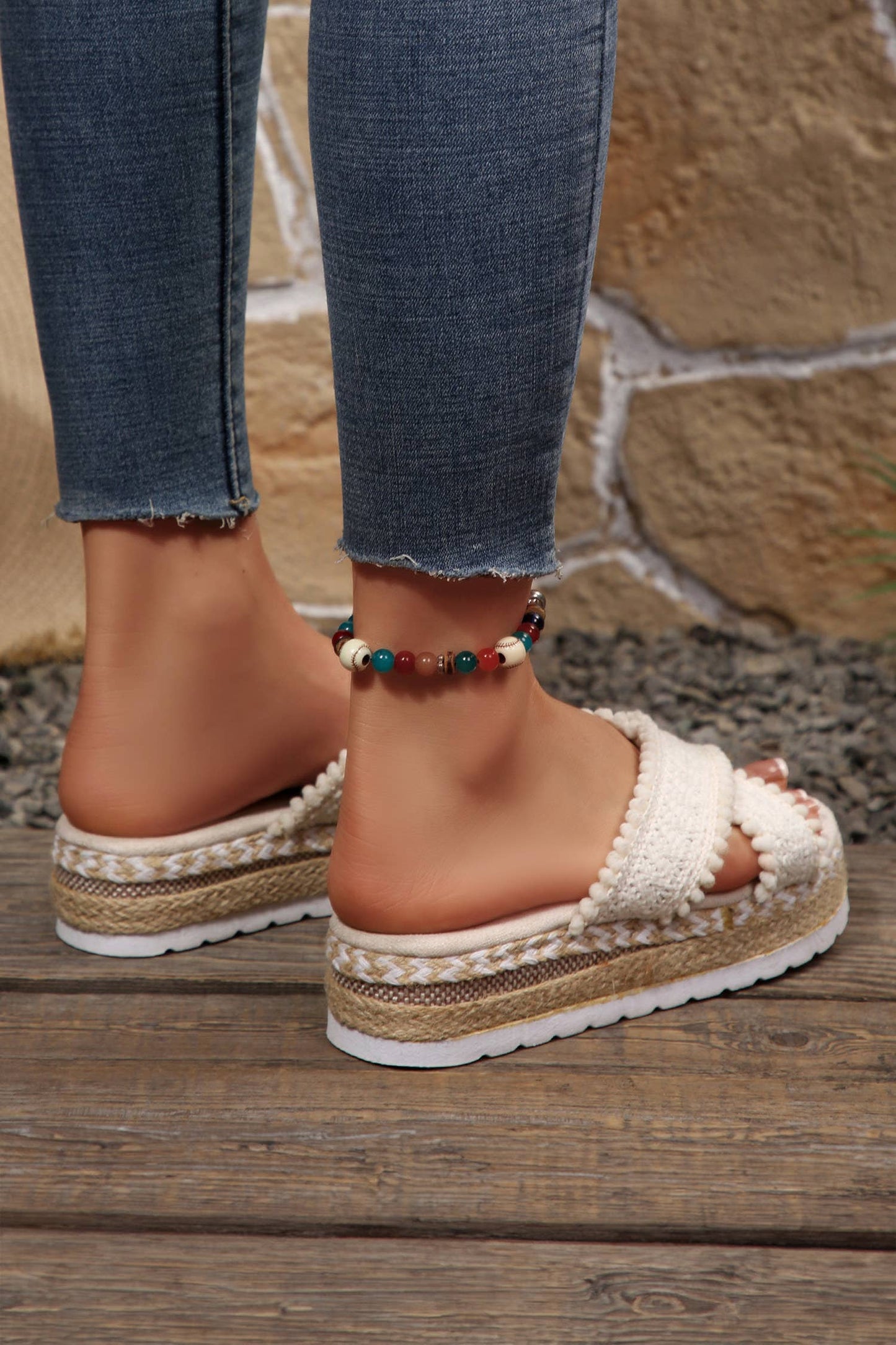 Pompom Knit Platform Slide Slippers