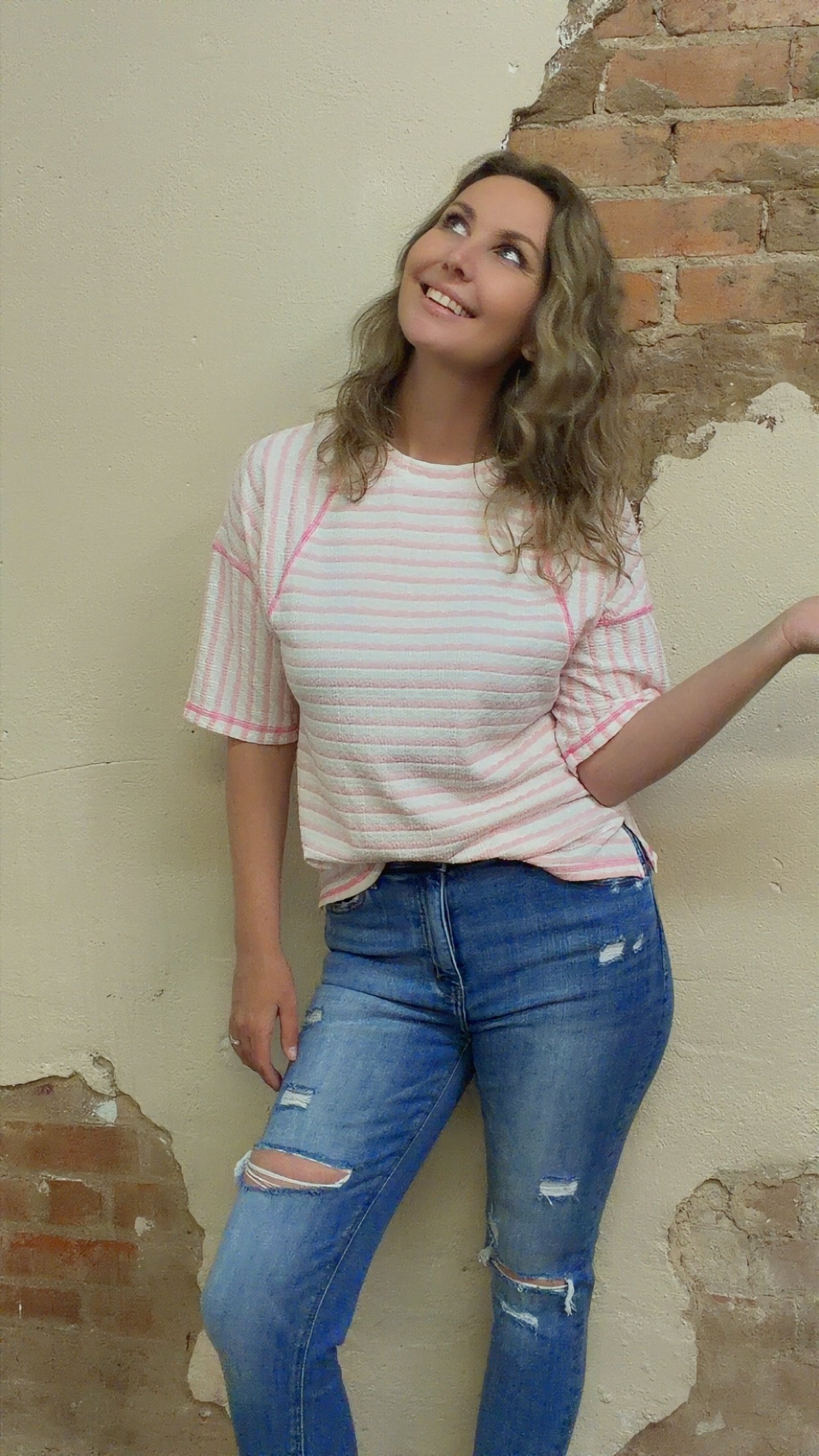 Stripe Textured Knit Split Hem Half Sleeve Loose Top (S-4X)