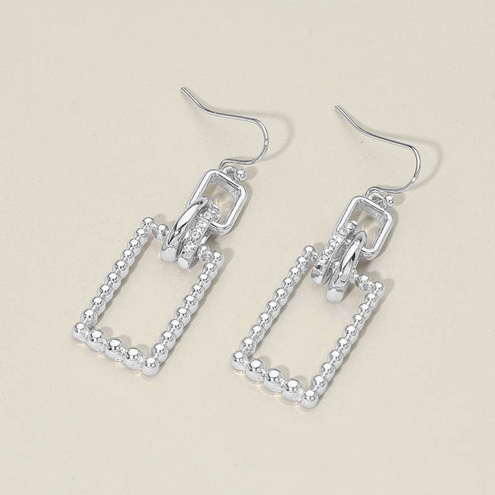 Stone Pave Linked Metal Beaded Rectangle Drop Earrings