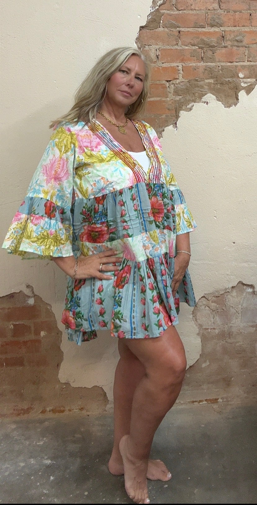 3/4 Sleeveless V-neck Seashell Shape Printed Woven Dress