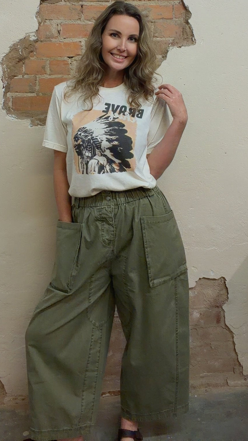 WASHED COTTON OVERSIZED POCKETS WIDE CARGO PANTS