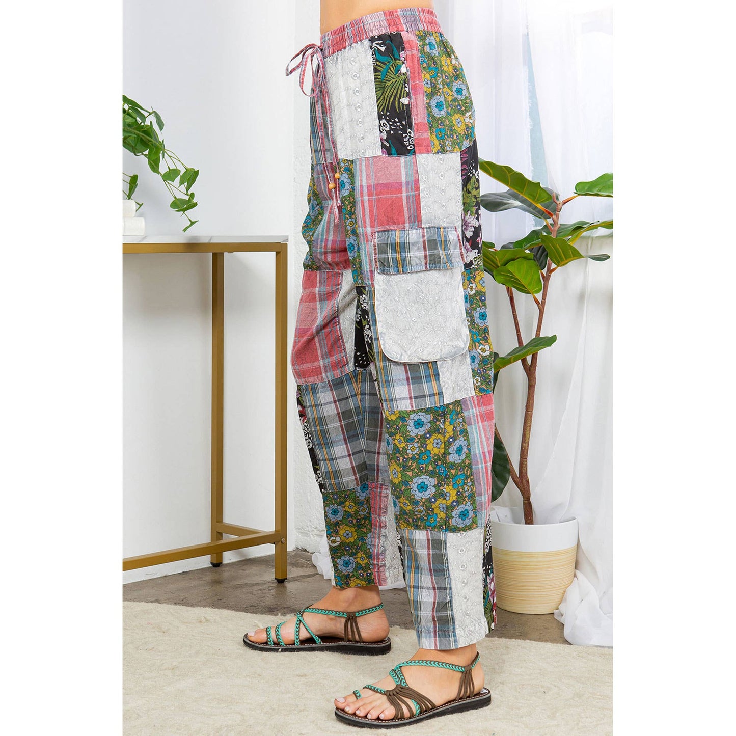 Bohemian Patchwork Straight Pant Plaid & Schiffli Embroidery