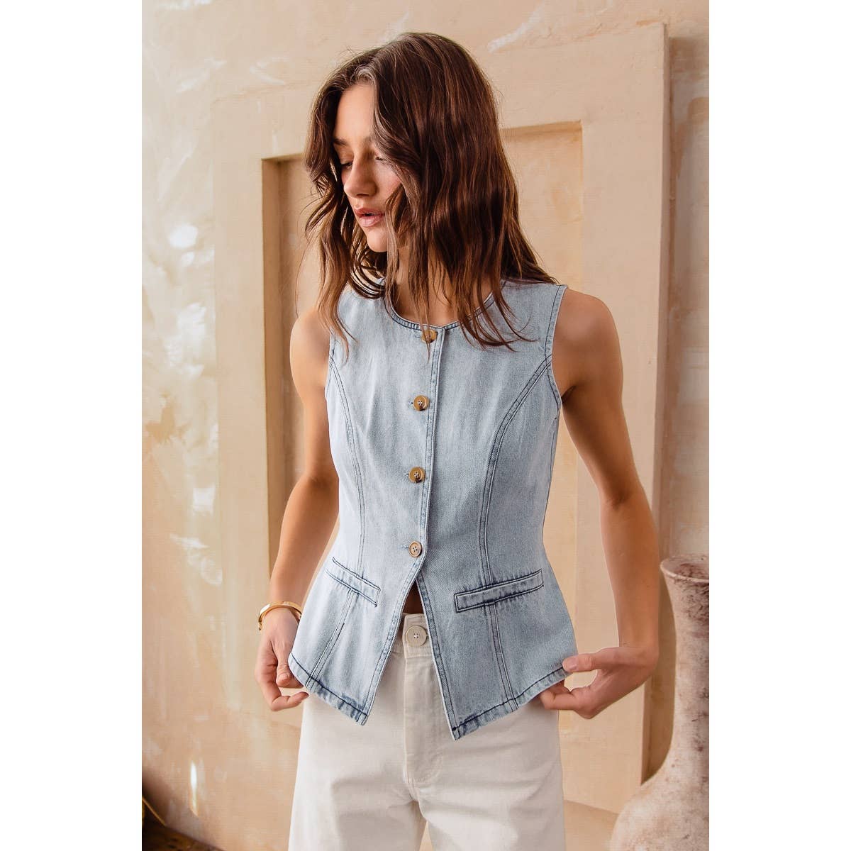 SLIM FIT BUTTON FRONT DENIM VEST TOP