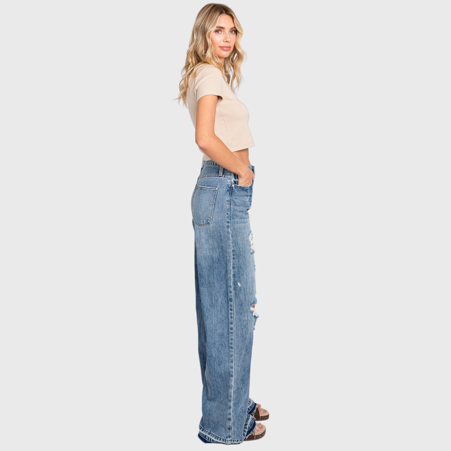 DISTRESSED HIGH RISE RIGID VINTAGE WIDE LEG JEANS