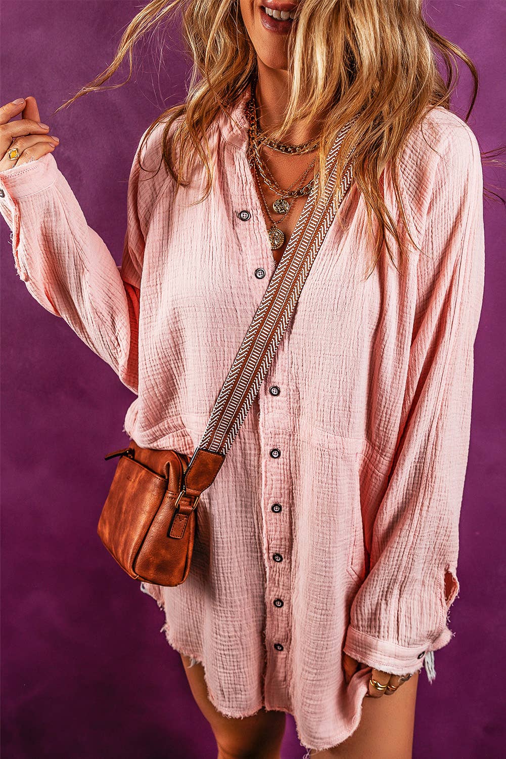 Pink Oversized Frayed Hem Crinkled Tunic Top