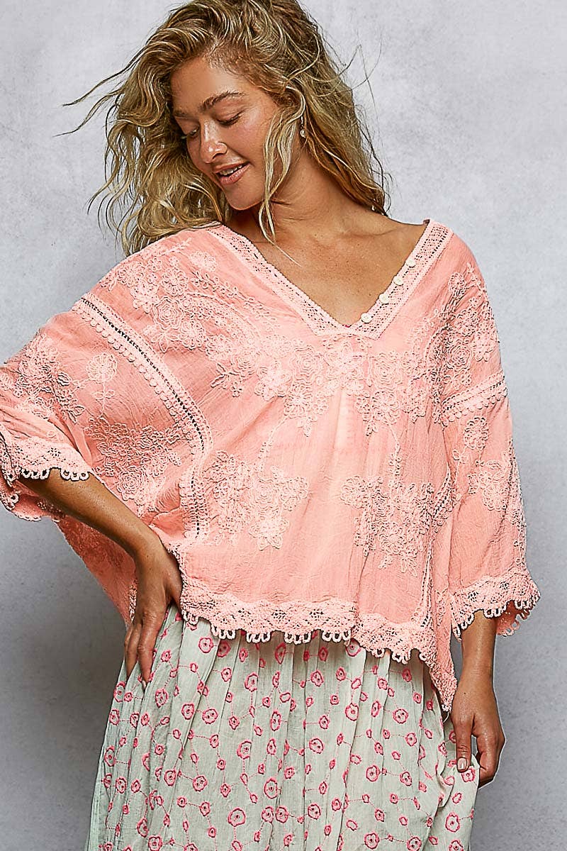V-neck Short Sleeve Floral Embroidered Crochet Blouse Top