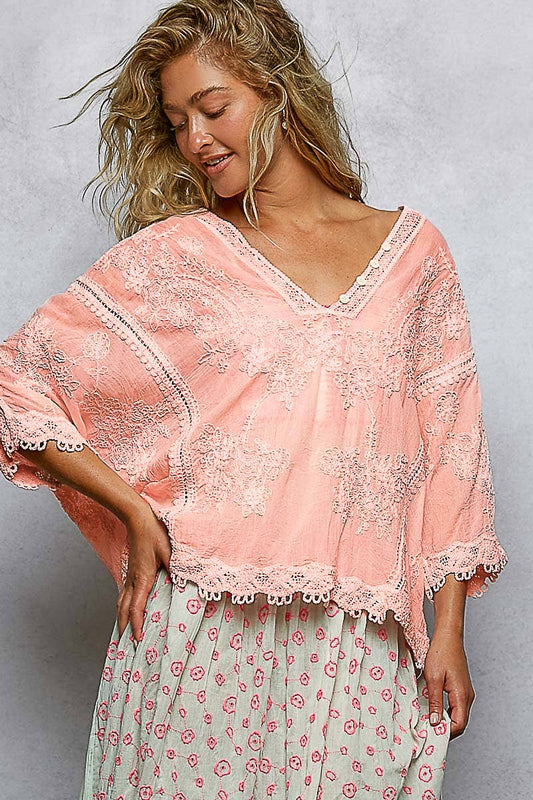 V-neck Short Sleeve Floral Embroidered Crochet Blouse Top