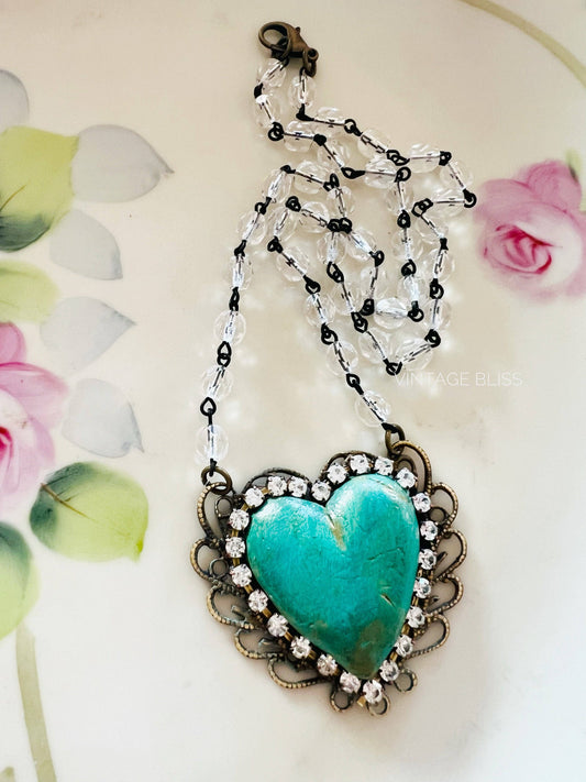 Turquoise Color Heart Filigree Necklace