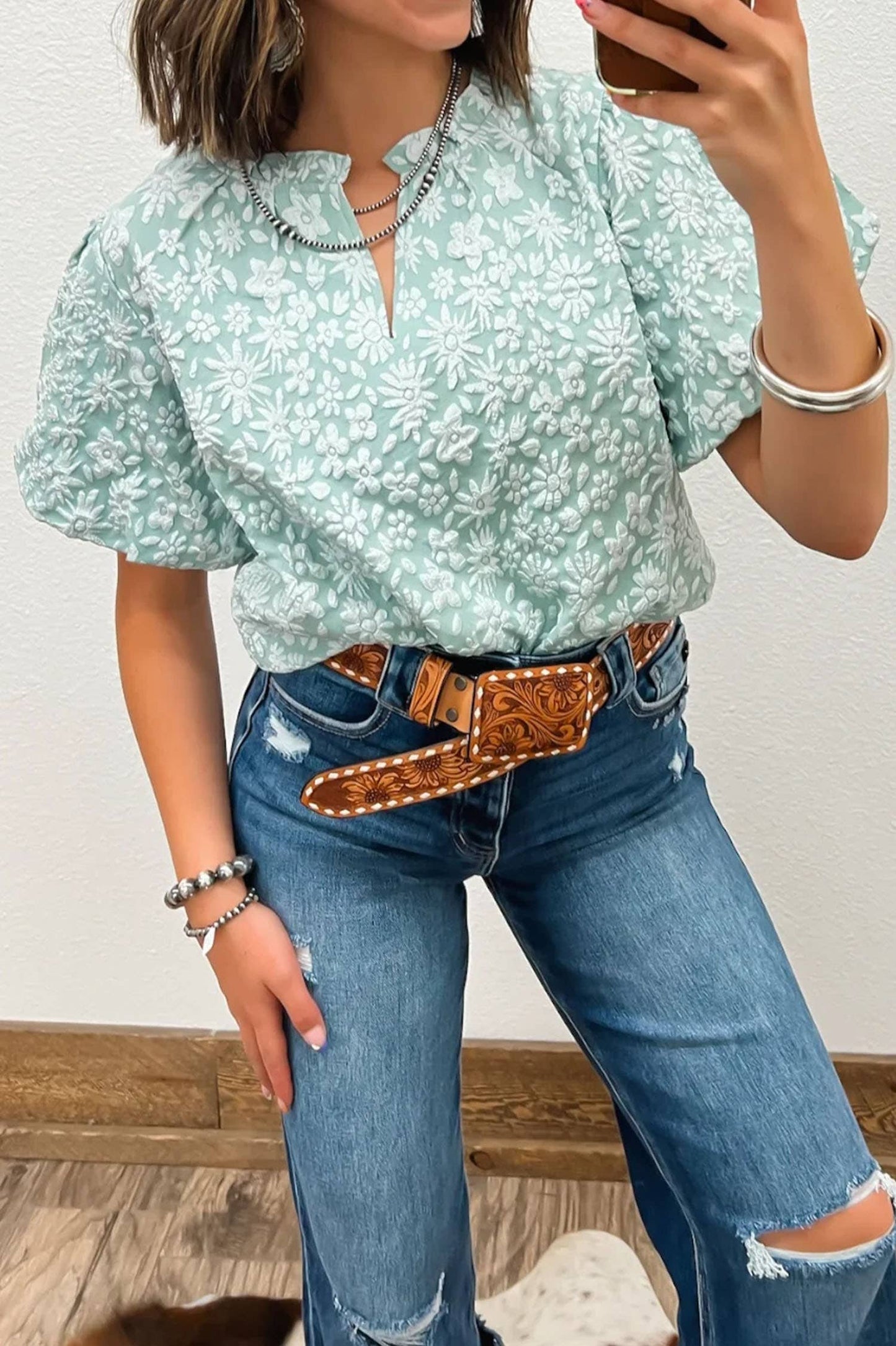 Spring Floral Textured V Neck Blouse