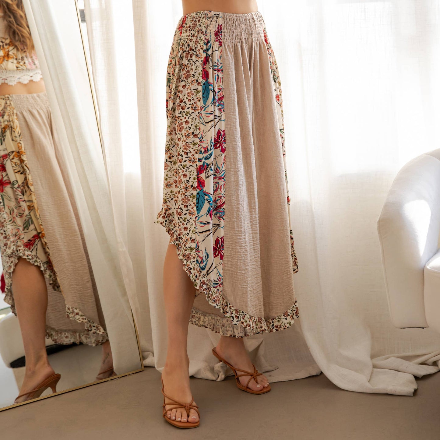 Artisan Boho Floral Panel Smocked Waist Wide-Leg Pants NEW