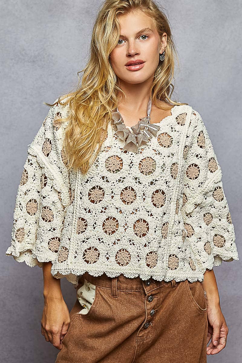Round neck 3/4 sleeve cropped crochet top