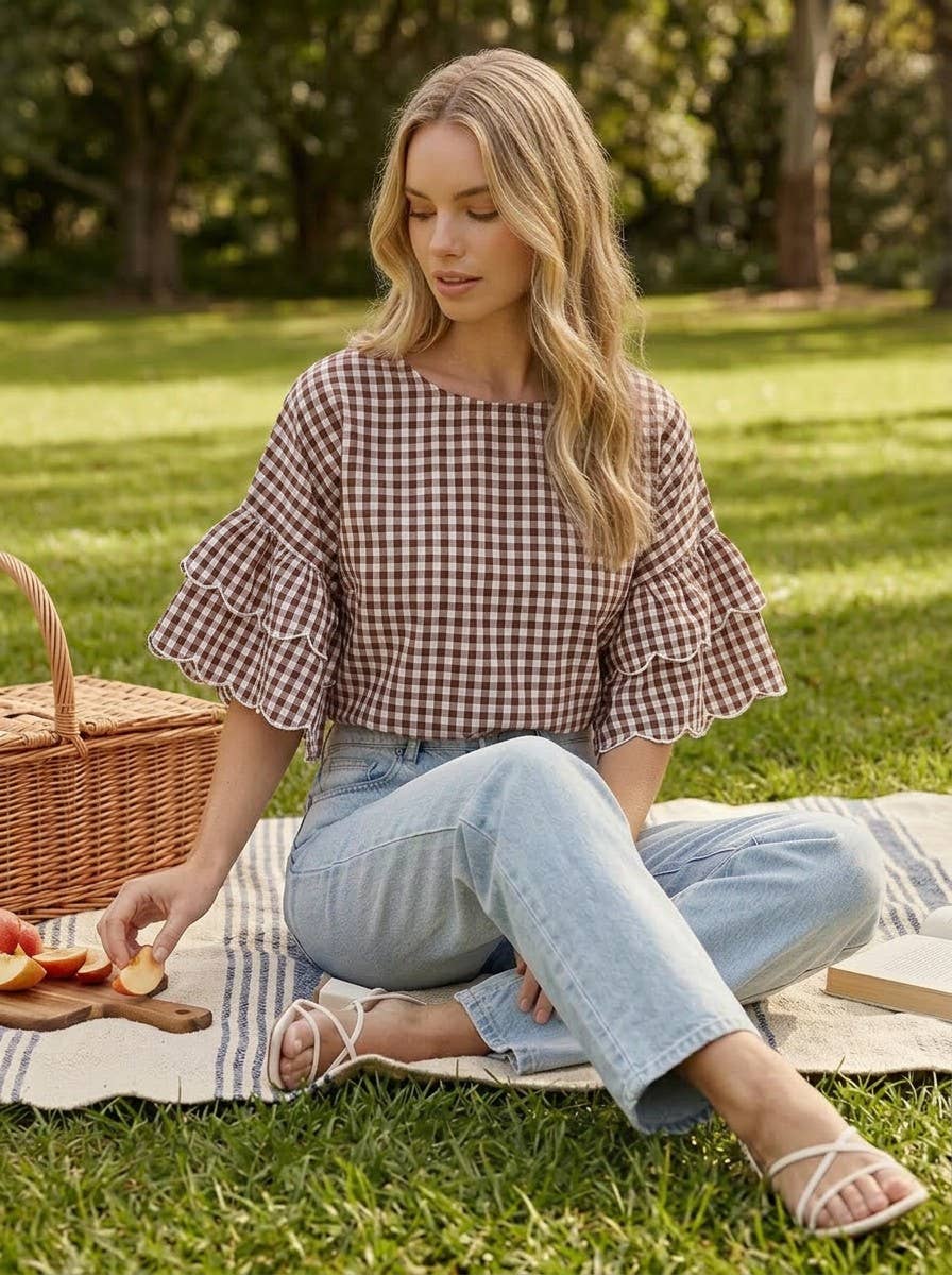 Charming Gingham Scallop Edge Wild Ruffle Cotton Top VT83548