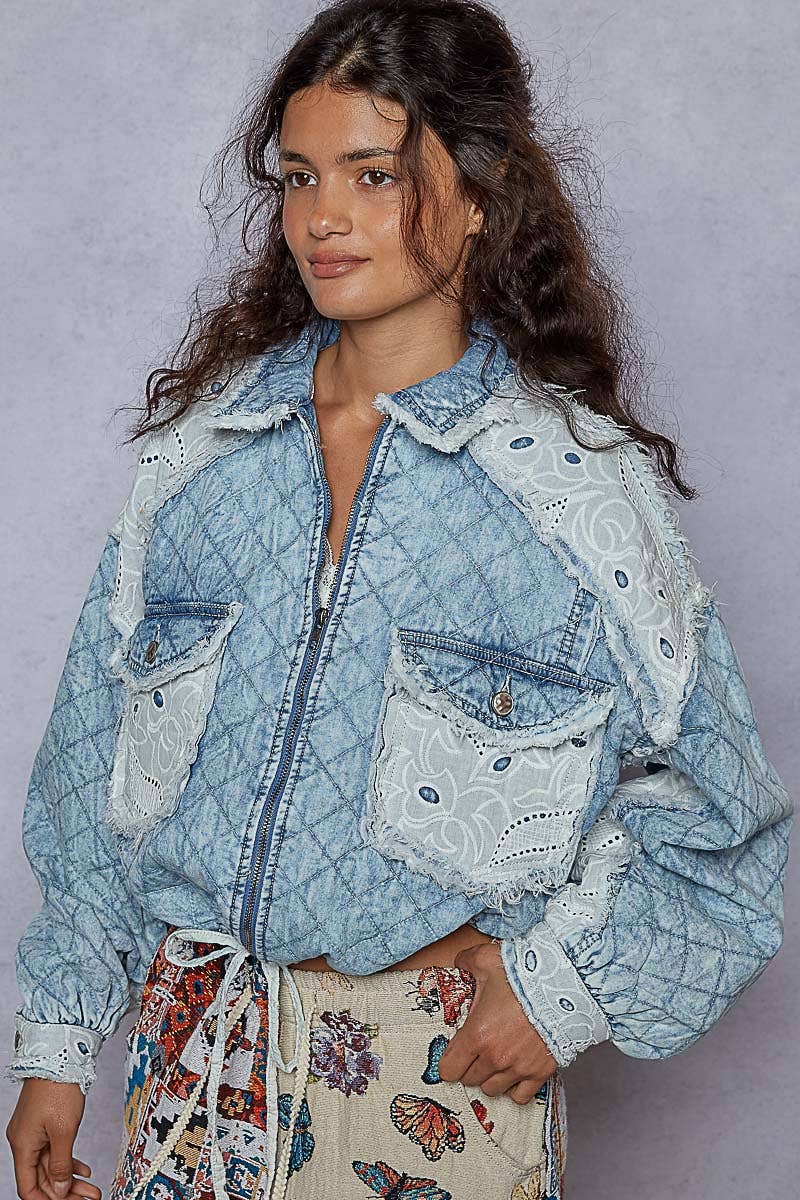 Vintage washing solid lace patch quilting woven jacket