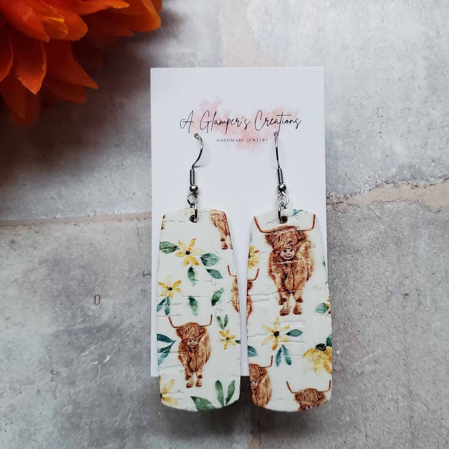 Bar Leather Earrings - Cows & Flowers