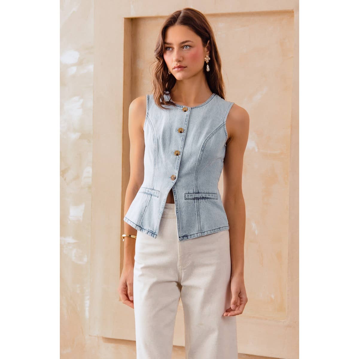 SLIM FIT BUTTON FRONT DENIM VEST TOP
