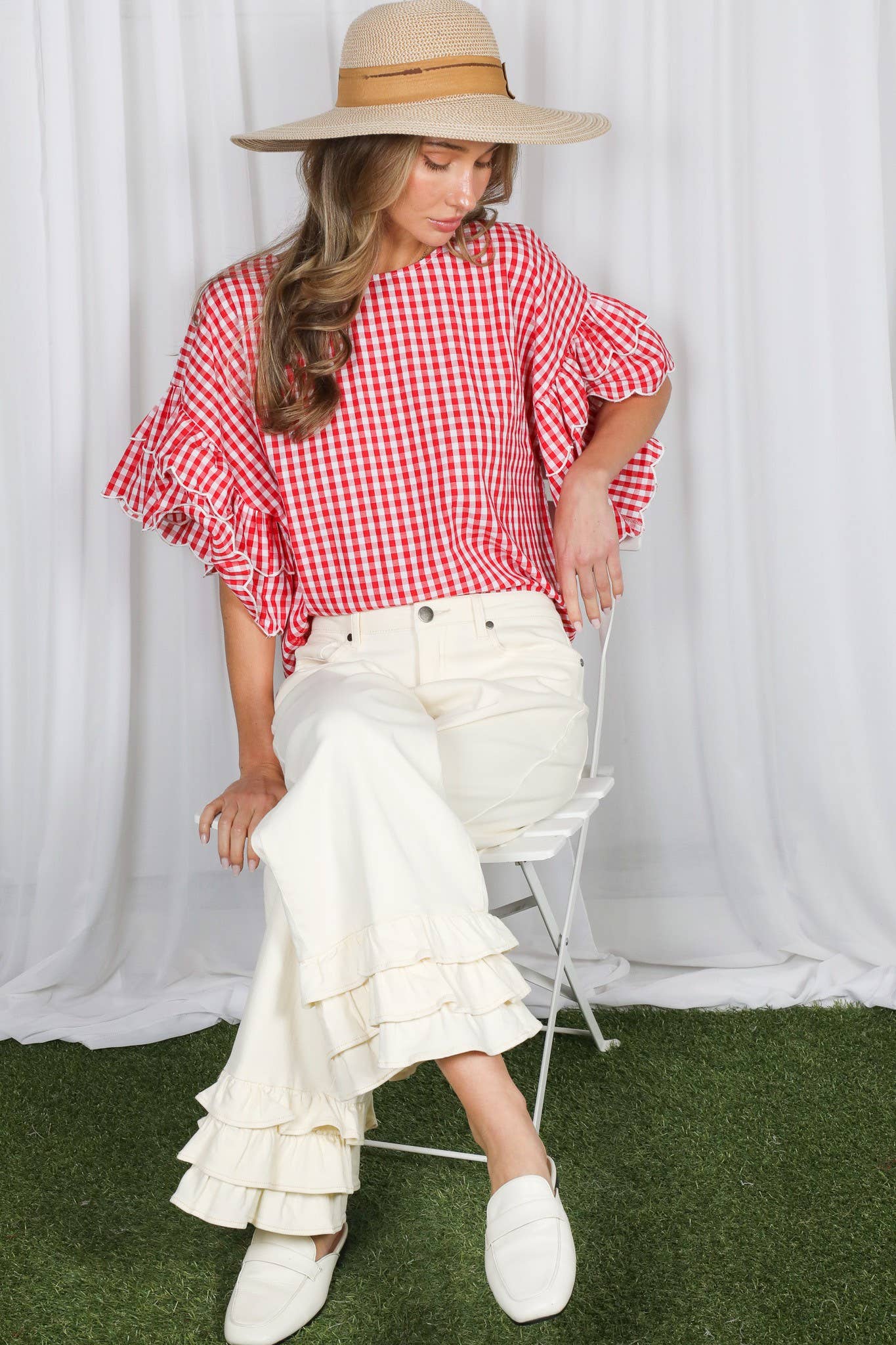 Charming Gingham Scallop Edge Wild Ruffle Cotton Top VT83548