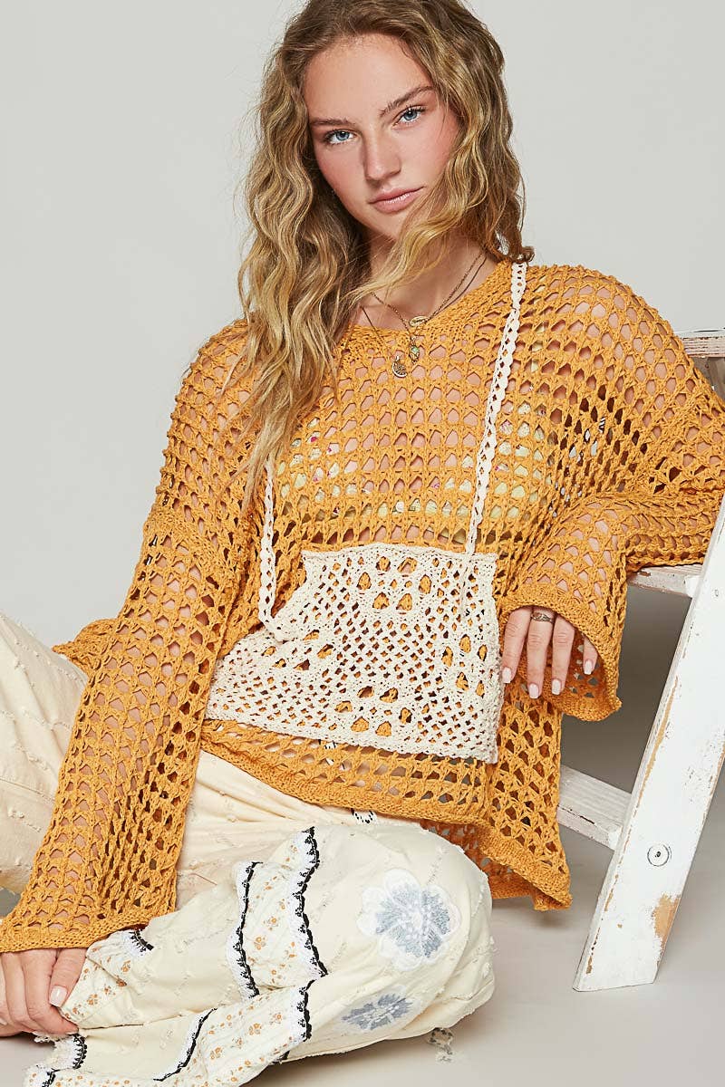 V-neck long sleeve crochet front pockets hoodie sweater