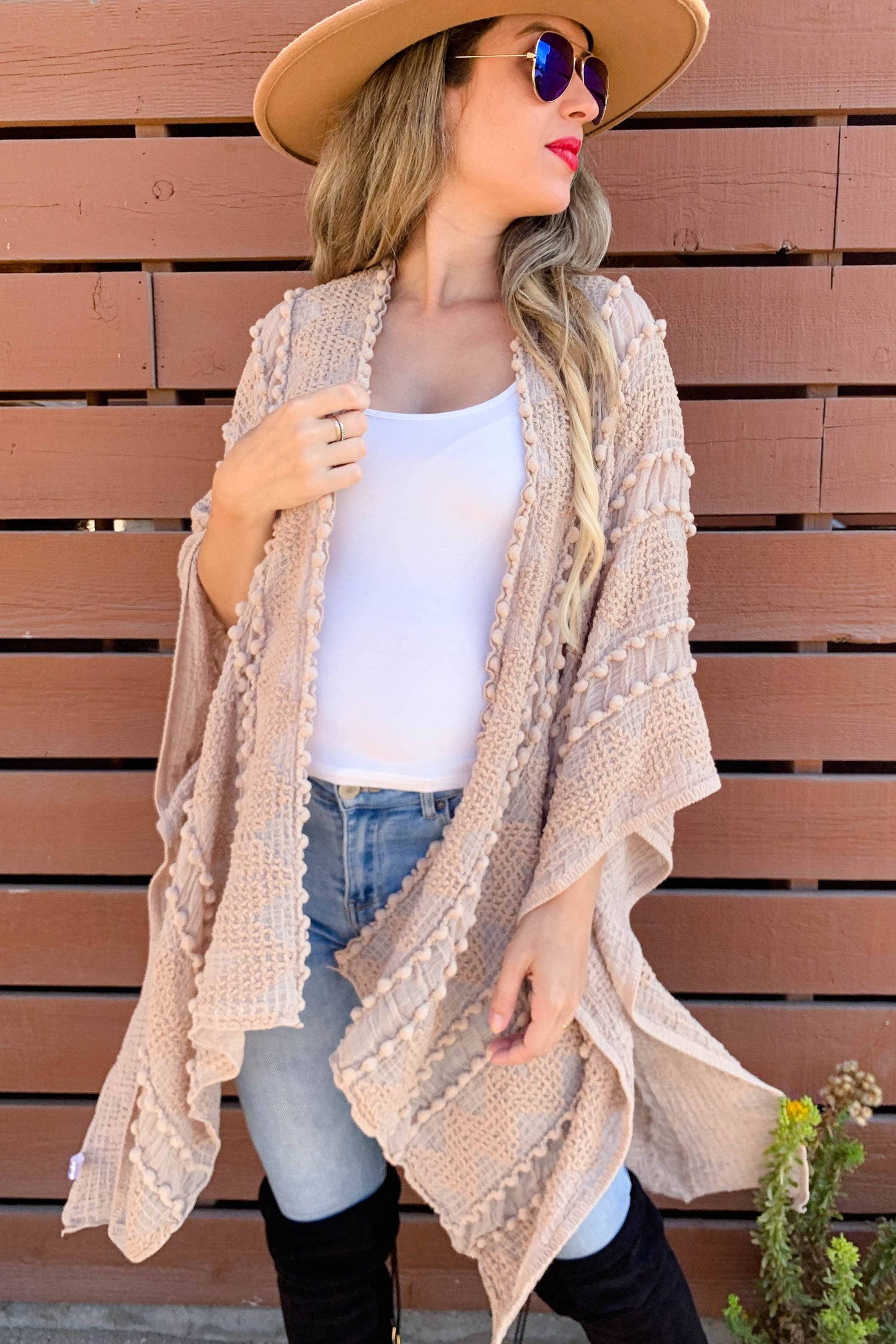 Nude 3D Textured Open Front Soft Kimono Cardigan