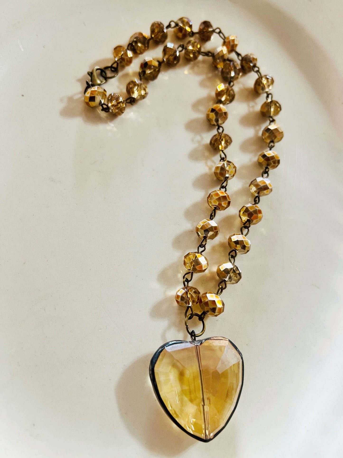 Topaz Soldered Crystal Heart Crystal Beaded Chain Necklace