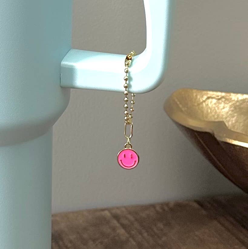 Mini Tumbler Charm Happy Face Gold Ball Chain Hot Pink