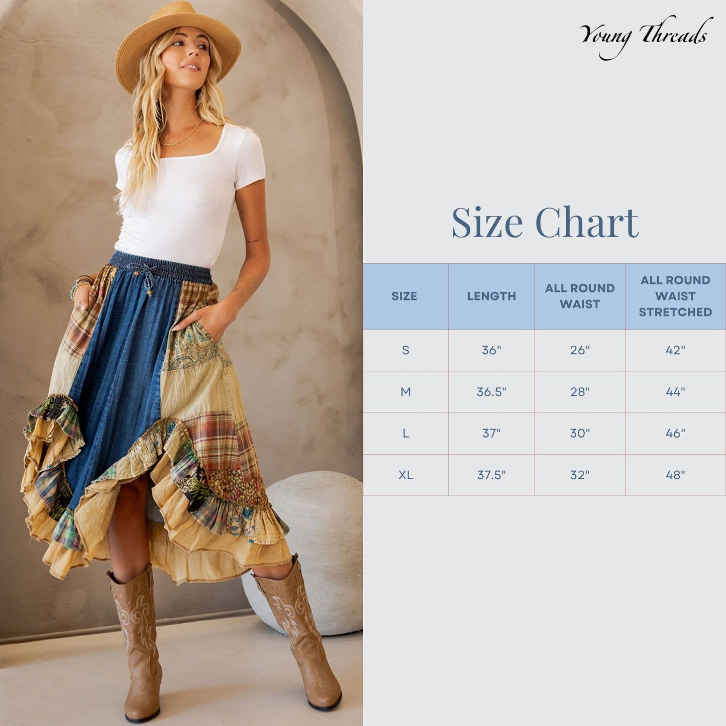 Western Boho Chic: Patchwork Midi Skirt