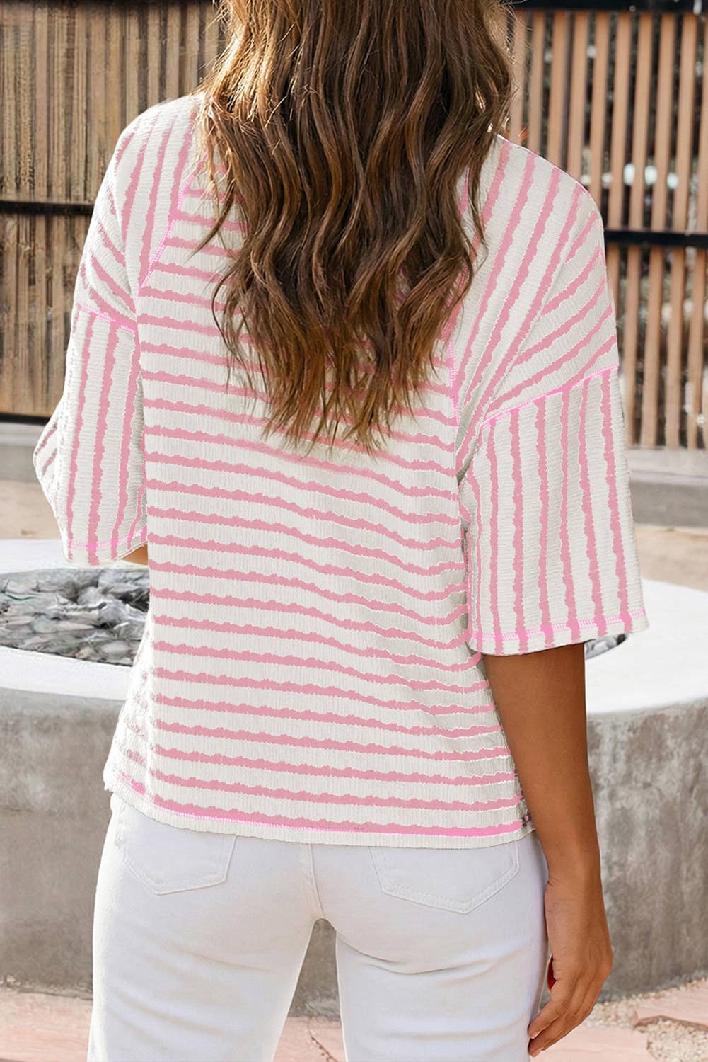 Stripe Textured Knit Split Hem Half Sleeve Loose Top (S-4X)
