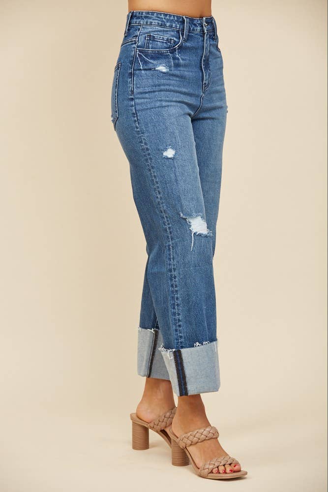 STRAIGHT LEG BOYFRIEND FIT CUFFED JEANS -DENIM