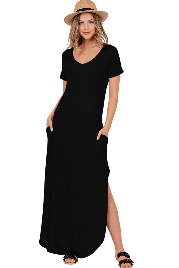 Short Sleeve Scoop Neck Maxi Dress With Side Slits