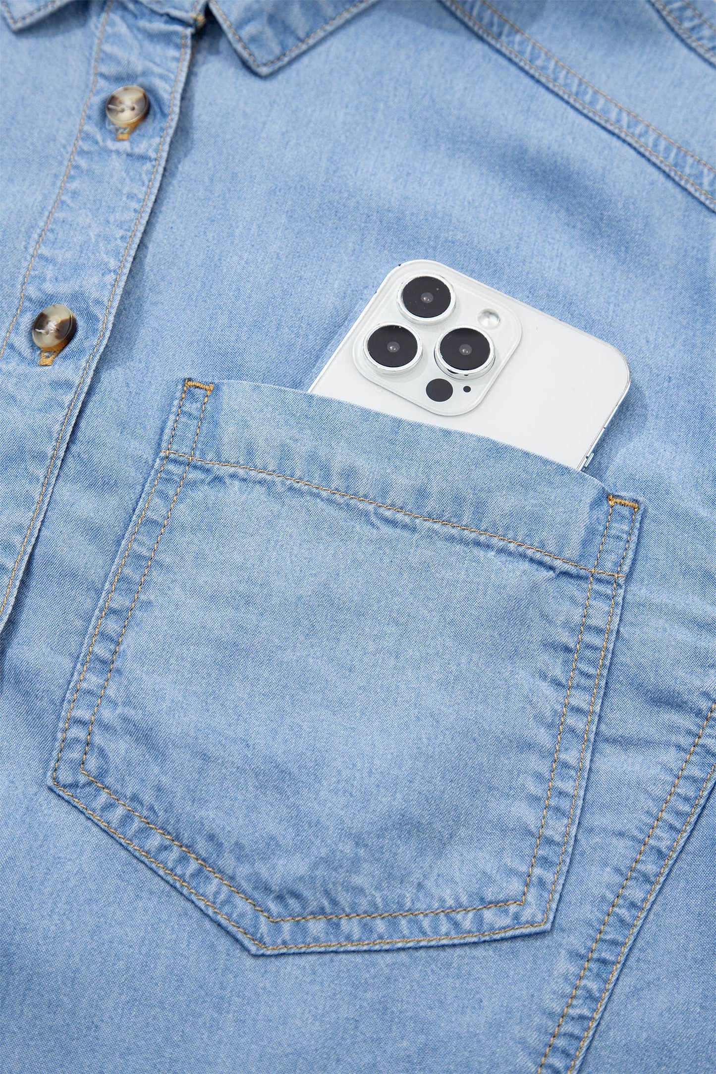 Half Sleeve Button Down High Low Chambray Shirt (S-XL)