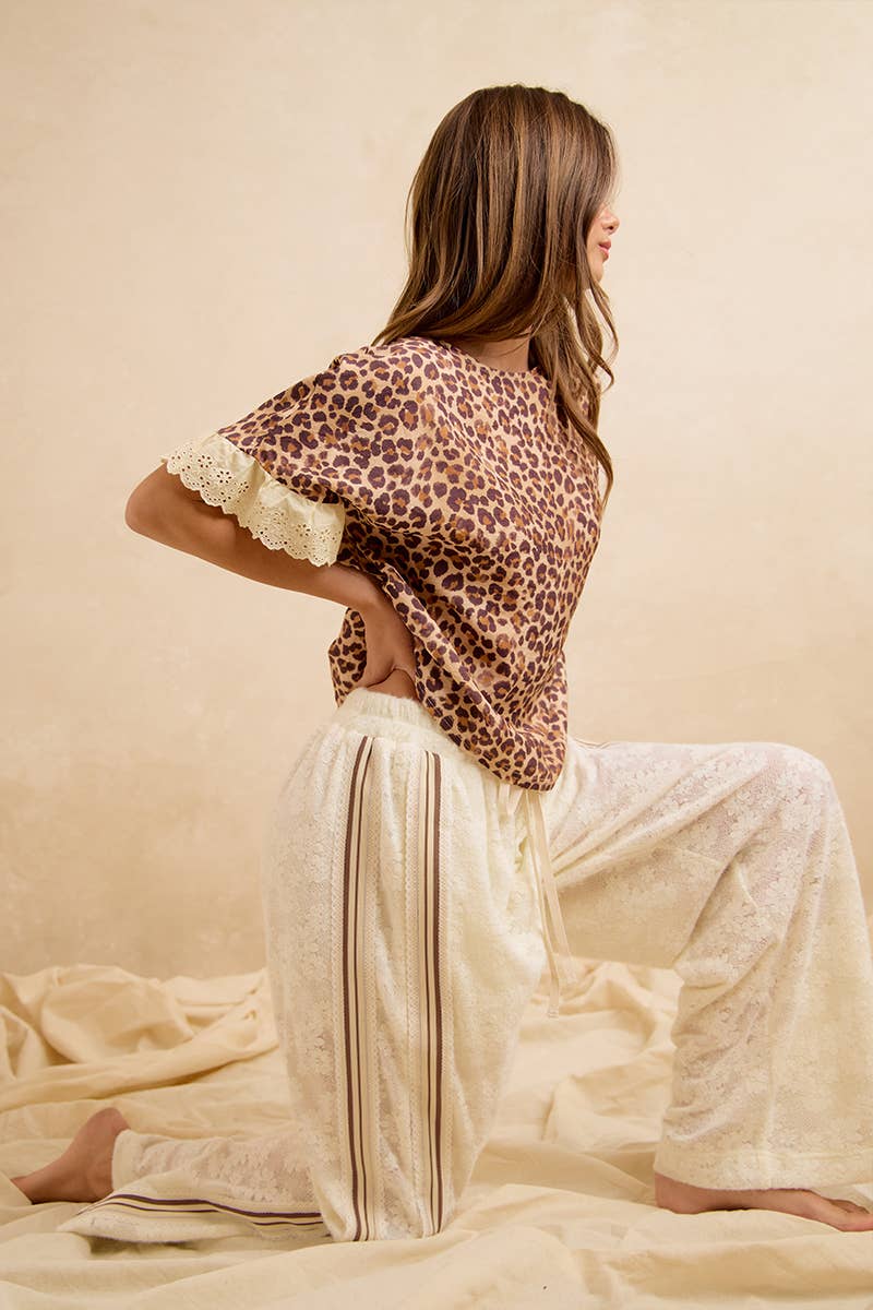 FLOWER LACE PANTS SIDE STRIPE TRIM WITH SHORTS LINING