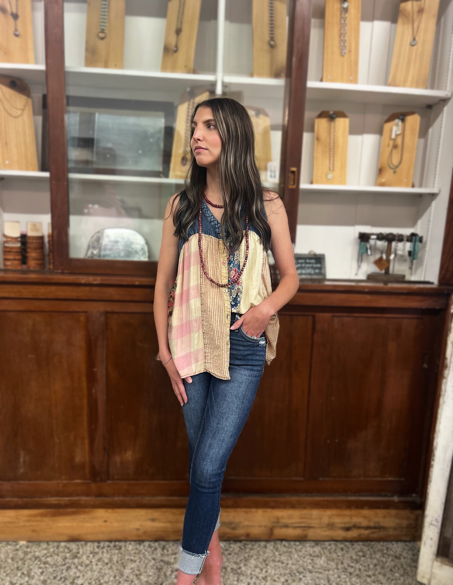 Chic V-Neck Front-Open Top with Artistic Patchwork