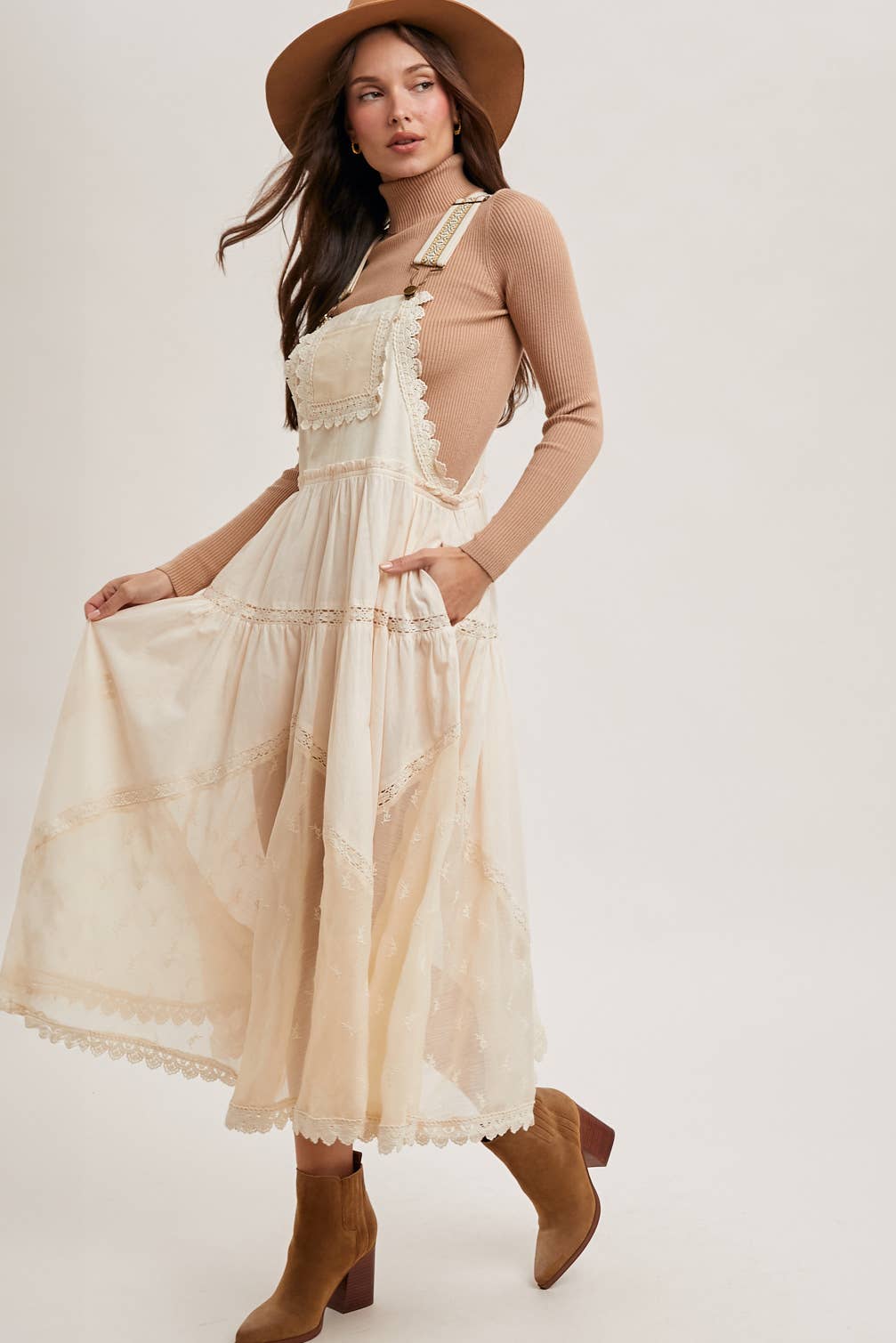 LACE EMBROIDERED TULLE BIB MAXI DRESS