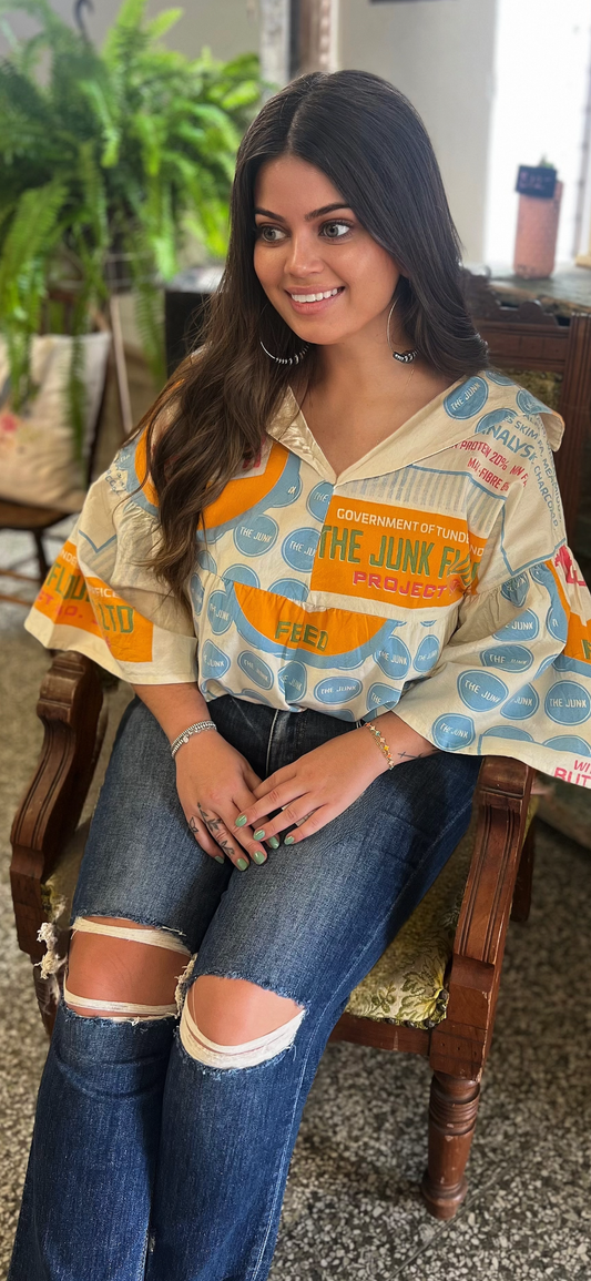Flour Sack Cotton Bell Sleeve Top- Junk Buttermilk