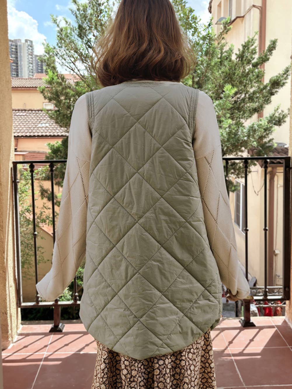 Quilted Long Vest Jacket with Pockets