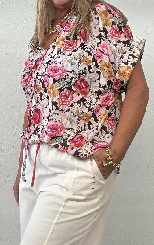 Floral Print Crew Neck Short Sleeve Shift Blouse (S-XL)