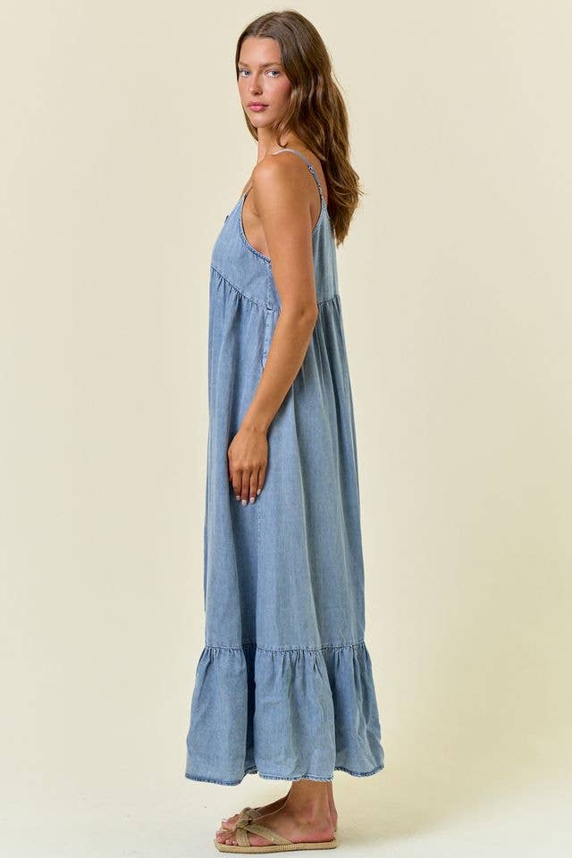 Tencel Chambray Tiered Ruffled Skirt Midi Dress -