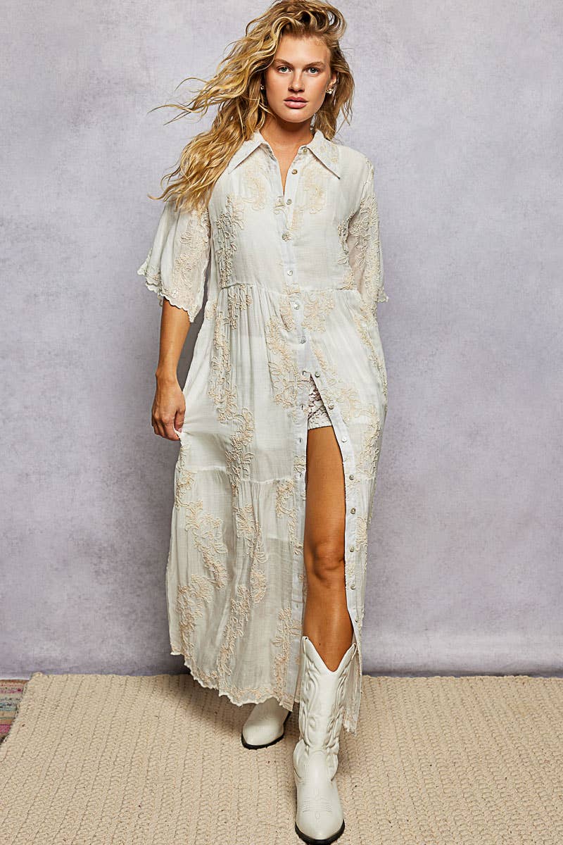Embroidered Shirred Ruffle Button-Down Shirt Dress