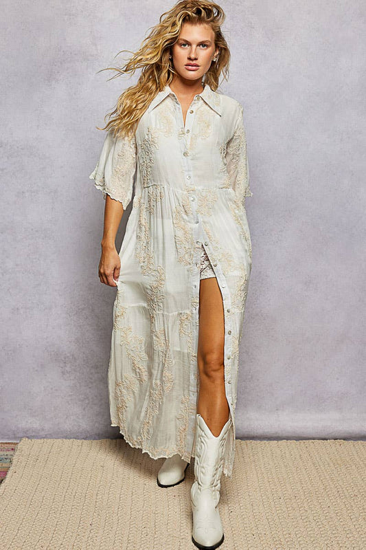Embroidered Shirred Ruffle Button-Down Shirt Dress